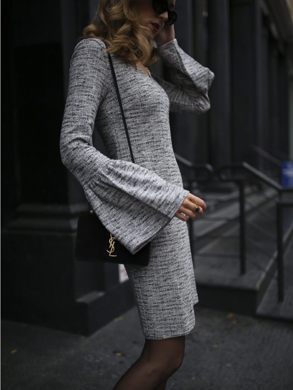 Banana Republic Gray Tweed Bell-Sleeve Mini Shift Dress XL academia conservative